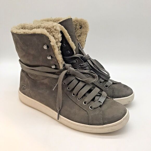 UGG Starlyn F27117D Sneaker Boots Women's 9 Gray Leather Shearling Lace Up Shoes - Picture 4 of 11